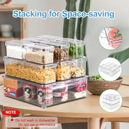 Pure Future 10-Pack Clear Fridge Organizer Containers with Lids, Stackable BPA-Free Refrigerator & Produce Storage Containers with Drain Tray & Anti-Slip Base for Fruits, Veggies & Drinks
