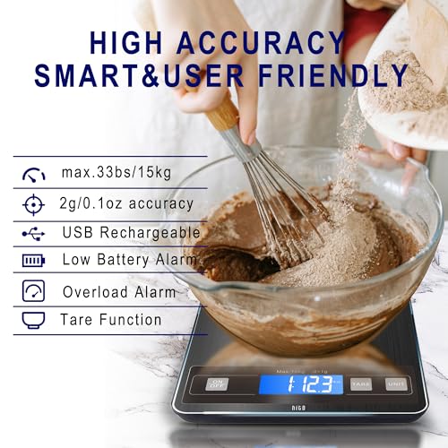 hito Food Scale 33lb Digital Kitchen Scale Rechargeable Waterproof Weight Grams and oz 1g/0.1oz Precise, for Weight Loss, Cooking and Baking, Black - color: Grey, size: 33lbs charging/ battery