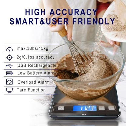 hito Food Scale 33lb Digital Kitchen Scale Rechargeable Waterproof Weight Grams and oz 1g/0.1oz Precise, for Weight Loss, Cooking and Baking, Black - color: Grey, size: 33lbs charging/ battery