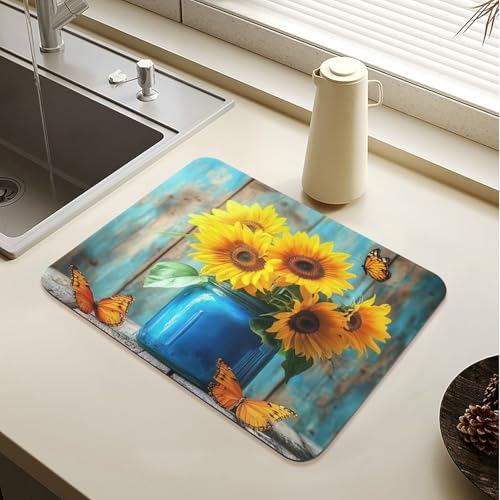 Butterfly Sunflowers Jar Dish Drying Mat for Kitchen Counter Highly Absorbent Coffee Mat Heat Resistant Dish Rack Pad for Sink Utensils Draining Racks 15.7" x 11.8" - size: 15.7x11.8inch
