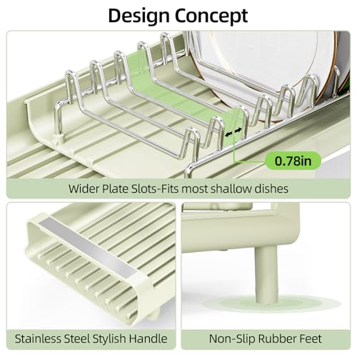 TOOLF Small Dish Drying Rack, Mini Expandable Compact Dish Rack, Slim Extendable Stainless Steel Dish Drainer for Kitchen Countertop, Space Saving Dish Strainer, Soft Celery Green - color: Soft Celery Green
