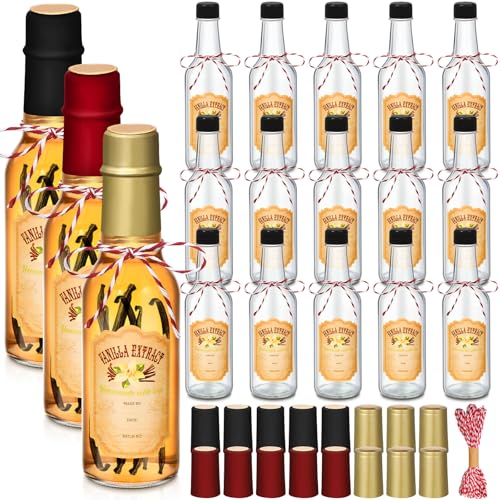 Tioncy 16 Pcs Empty Vanilla Extract Bottles for Homemade Vanilla Jar Glass Bottle with Cap, Shrink Band, Sticker DIY Crafts Wedding Gift Food Storage Canister for Bean(Black, Red, Gold,3 oz) - color: Black, Red, Gold, size: 3 oz
