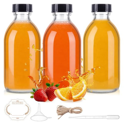 8oz Glass Juice Bottle with Lids, 3 Pack Clear Small Glass Bottles Leakproof Refilllable Sample Dispensing Bottles for Juicing, Homemade Vanilla Extract, Essential Oils, Smoothies, Ginger Shots - color: Clear