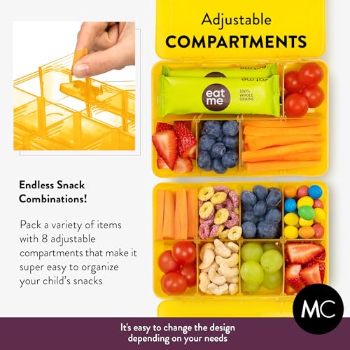 Snack Box Containers Set of 2-Reusable,100 Dissolvable Labels, 8 Adjustable Compartments, Dishwasher Safe, BPA-Free, Meal Prep Container, PARENT TESTED PARENT APPROVED AWARD (2 Pack) (Yellow) - color: Yellow, size: Small