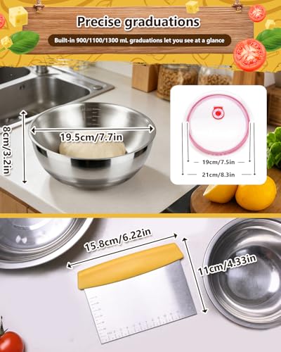 3 Pack Pizza Dough Proofing Container, 1300ML Stainless Steel Proofing Box with Clear Airtight Lid, Stackable Fermentation Storage for Dough Balls & Bread, Includes Cutter - color: Stainless Steel-1300ML