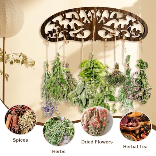 Herb Drying Rack - Wall Mounted Tree Design Holds 11 Bouquets, Space Saving Kitchen Herb & Flower Dryer, Rustic Wooden Hanging Decor for Gardeners, Crafters (dark brown)