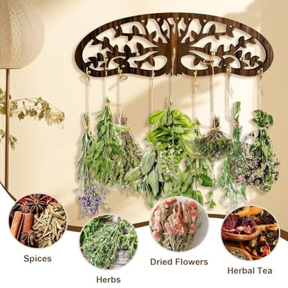 Herb Drying Rack - Wall Mounted Tree Design Holds 11 Bouquets, Space Saving Kitchen Herb & Flower Dryer, Rustic Wooden Hanging Decor for Gardeners, Crafters (dark brown)