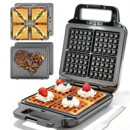 FineMade Belgian Waffle Maker with Removable Plates, Waflera Electrica, Large Waffle Iron, 3 in 1 Panini Grill Press Breakfast Sandwich Maker, Electric Griddle, Grilled Cheese Maker, Breakfast Station - style: Waffle Maker 3 in 1