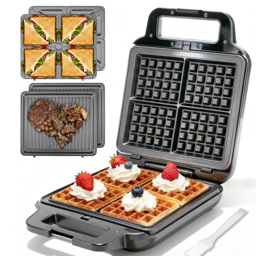 FineMade Belgian Waffle Maker with Removable Plates, Waflera Electrica, Large Waffle Iron, 3 in 1 Panini Grill Press Breakfast Sandwich Maker, Electric Griddle, Grilled Cheese Maker, Breakfast Station - style: Waffle Maker 3 in 1