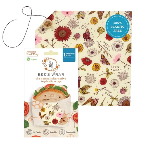 Bee's Wrap Vegan Beeswax Sandwich Wrap - Beeswax Lunch Wrap with Button & Tie - Plastic Free Made in USA Reusable Natural Food Wrap - Meadow Magic - style: Vegan Sandwich Wrap