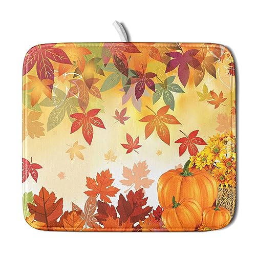 Autumn Fall Dish Drying Mat for Kitchen Counter Pumpkin Maple Leaves Drying Mat 16 x 18 Inch with Absorbent Reversible Microfiber Dish Drying Pad Dish Rack Drainer Mat for Coffee Bar - color: fall pumpkin, size: 16" x 18"