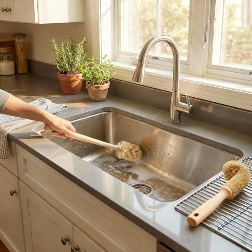 Bottle Brush & Dish Scrubber Set (3 Pack) - Kitchen Cleaning Kit with L-Shape Bottle Cleaner, Round Pan Brush & Detail Scrubber - Multi-Use for Bottles, Pots, Pans & Glassware - size: 3 Piece Set - Bottle + Pan + Detail