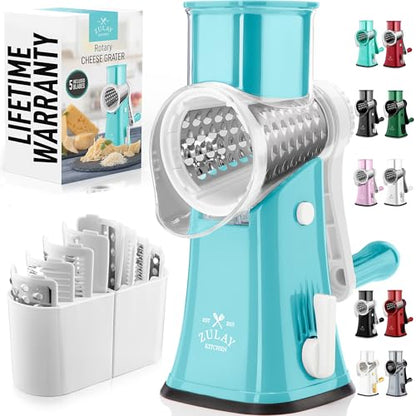Zulay Kitchen Rotary Cheese Grater 5 Blade Cheese Shredder - Manual Hand Crank Cheese Grater With Reinforced Suction & 5 Interchangeable Drums - Easy to Use, Vegetable Chopper Round Mandoline Slicer - color: White and Light Blue