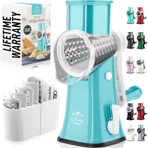 Zulay Kitchen Rotary Cheese Grater 5 Blade Cheese Shredder - Manual Hand Crank Cheese Grater With Reinforced Suction & 5 Interchangeable Drums - Easy to Use, Vegetable Chopper Round Mandoline Slicer - color: White and Light Blue