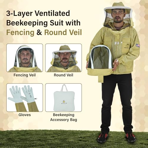3-Layer Ventilated Mesh Bee Jacket for Men & Women with Veils Sting-Proof Beekeeping Jacket with Leather Gloves & Bag - color: Brown Dual Veil, size: Small