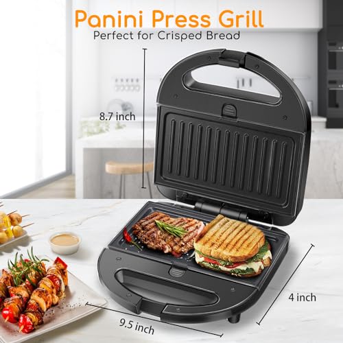 Aigostar Sandwich Maker Panini Press Grill, 3 in 1 Waffle Maker with Removable Non-stick Plates, Electric Grilled Cheese Maker, Portable Cool Touch Handle, Led Indicator Lights & Easy to Clean, 750W - color: Black