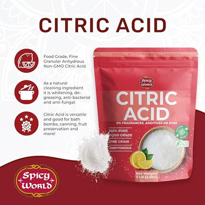 Pure Citric Acid, 5 Pound - Food Grade & Non-GMO- Natural Food Preservative, All Purpose Cleaning Agent, Beauty Ingredient- by Spicy World