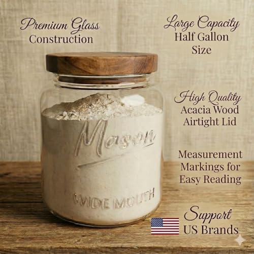 Kitchentoolz Half Gallon Glass Mason Jars with Airtight Push to Close Wooden Lids - Food Storage & Canning Jars with Measurement Markings - Pantry Containers for Flour, Sugar & Dry Goods - 64 oz (4pk) - size: Pack of 4