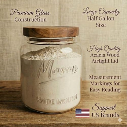 Kitchentoolz Half Gallon Glass Mason Jars with Airtight Push to Close Wooden Lids - Food Storage & Canning Jars with Measurement Markings - Pantry Containers for Flour, Sugar & Dry Goods - 64 oz (4pk) - size: Pack of 4
