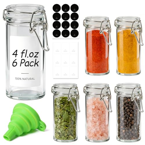 ComSaf 4 oz Glass Spice Jars with Airtight Clamp Lids, 6 Pack Small Swing Top Glass Containers for Herb Storage, Pantry Organization, Party Favors & DIY Gifts - Includes Funnel & Labels - size: 4oz*6