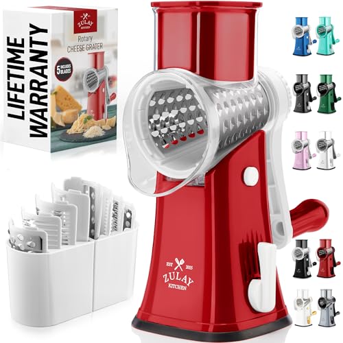 Zulay Kitchen Rotary Cheese Grater 5 Blade Cheese Shredder - Manual Hand Crank Cheese Grater With Reinforced Suction & 5 Interchangeable Drums - Easy to Use, Vegetable Chopper Round Mandoline Slicer - color: White and Red