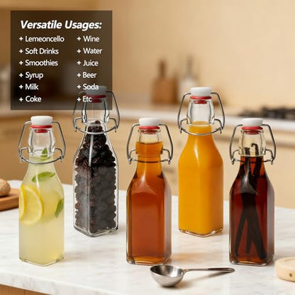 Ruckae Square Swing Top Glass Bottles with Lids Kombucha Coquito Flip Top Glass Bottle for Syrup Vanilla Extract Brew Beer Kefir Air Tight Bottles for Gift (8.5 oz 12 pack) - size: 8.5 oz 12 pack