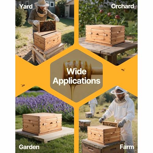Happybuy Bee Hive 20 Frame Starter Kit - Premium Fir Wood with Beeswax Coating. Includes 1 Deep + 1 Medium Bee Boxes. Langstroth Beehive with Transparent Acrylic Windows and Foundations.