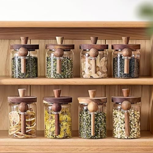 ANSQU Glass Jar with Spoon, 13.5oz Coffee Jar Coffee Grounds Container | Coffee Canister holds up to 5oz Coffee Beans, Coffee Container with Wooden Lid, Cute Jar - size: 13.5oz-1pack (φ3.54")