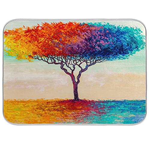 Absorbent Dish Drying Mat for Kitchen Counter - Colorful Oil Painting Tree Microfiber Drying Pad, Reversible Drainer Mats for Countertop, Medium 16 x 18 inch - color: 22 Colorful Oil Painting Tree, size: M