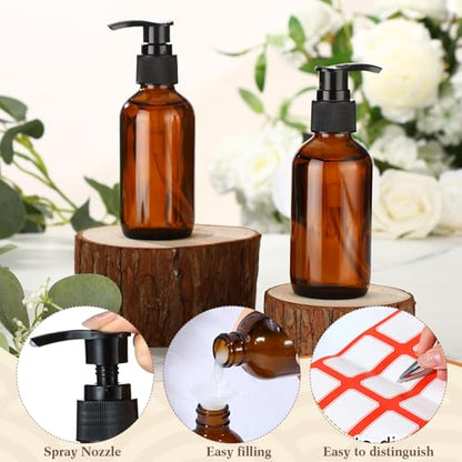 Fumete 2 Pack Glass Bottles 4oz Empty Refillable Liquid Containers with 1 Label 1 Funnel for Essential Oils Hair Travel Plants Cleaning Skin Care(Amber, Black Top,Pump Bottle) - color: Amber, Black Top, style: Pump Bottle