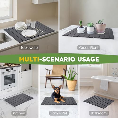HABUTWAY Large Stone Dish Drying Mat for Kitchen Counter – 24"×16" Collapsible Diatomaceous Earth Mat, Ultra Absorbent & Quick Dry, Foldable Drying Pad for Dishes, Bottles, Cups (Dark Grey) - color: Dark Gray