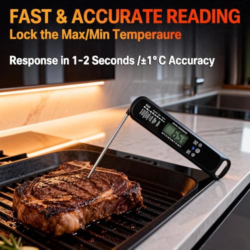 Meat Thermometer Digital with High Precision LED, IP67 Waterproof, Instant Read Food Thermometer for Air Fryer, Oven, BBQ & Kitchen