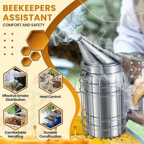 Flexzion Beehive Smoker - Bee Smoker Stainless Steel for Beekeeping, Durable Bellow & Heat Shield, Safe Bee Hive Smoker with Mounting Hook, Compatible with Bee Smoker Pellets