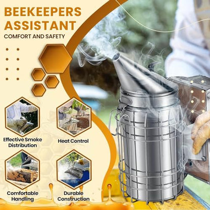 Flexzion Beehive Smoker - Bee Smoker Stainless Steel for Beekeeping, Durable Bellow & Heat Shield, Safe Bee Hive Smoker with Mounting Hook, Compatible with Bee Smoker Pellets