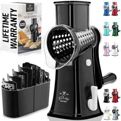 Zulay Kitchen Rotary Cheese Grater 5 Blade Cheese Shredder - Manual Hand Crank Cheese Grater With Reinforced Suction & 5 Interchangeable Drums - Easy to Use, Vegetable Chopper Round Mandoline Slicer - color: Black