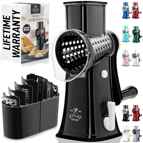 Zulay Kitchen Rotary Cheese Grater 5 Blade Cheese Shredder - Manual Hand Crank Cheese Grater With Reinforced Suction & 5 Interchangeable Drums - Easy to Use, Vegetable Chopper Round Mandoline Slicer - color: Black