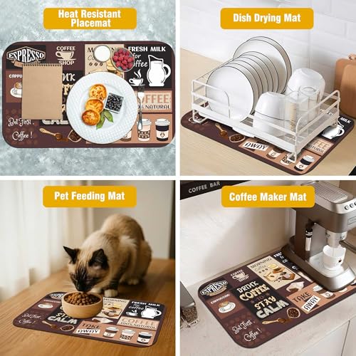 Retro Coffee Pattern Drying Mat 12" x 19", Non-Slip Absorbent Quick-Dry Mat, Protects Countertops from Spills Stains for Coffee Makers Espresso Machines - color: Coffee