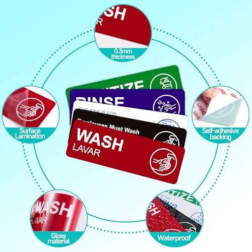 5PCS Wash Rinse Sanitize Sink Labels Sign, Self-Adhesive Waterproof Employees Must Wash Hands Stickers for Business，Restaurant Supplies for Wash Station, Commercial Kitchens, Restaurant, Food Trucks, Dish Washing (9"×3") - color: wash rinse sanitize sink