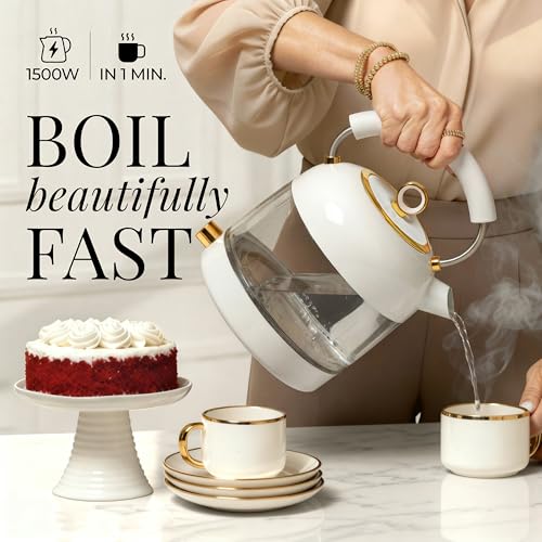 White Electric Tea Kettle with Temperature Control - 1500W Fast Hot Water Boiler and Warmer - White and Gold Electric Kettle with Keep Warm Function, BPA-Free Glass Body, Stylish Design, Auto Shut-Off - color: White