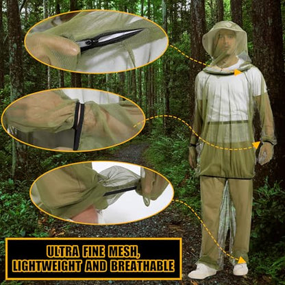 Premium Mosquito Suit-Jacket With Hood/Pants/Mitts/Gift Bag/Tape Measure-Full Body Protection Bugs Clothes - color: Green No Sun Hat, size: Large-X-Large