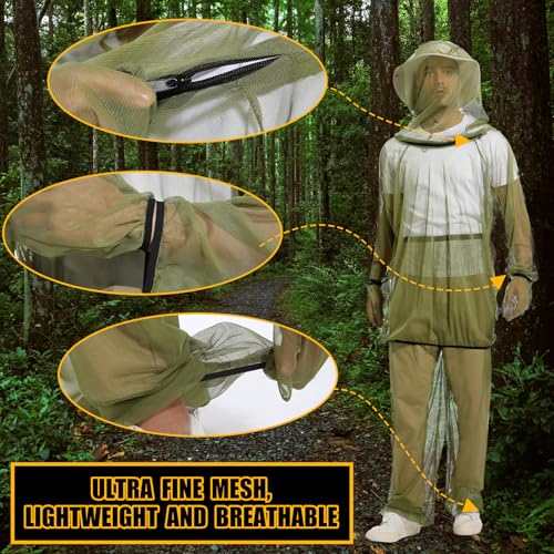 Premium Mosquito Suit-Jacket With Hood/Pants/Mitts/Gift Bag/Tape Measure-Full Body Protection Bugs Clothes - color: Green With Sun Hat, size: Small-Medium