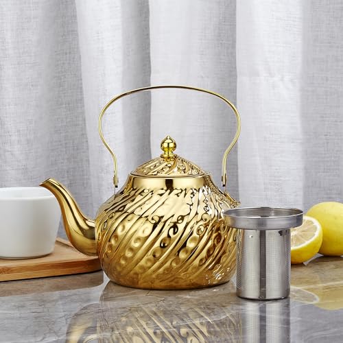 SANQIAHOME 2000ml stainless steel antique style teapot,with Infuser, thickened boiling kettle, lifting handle,Gold - color: Gold(D), size: 2000ml