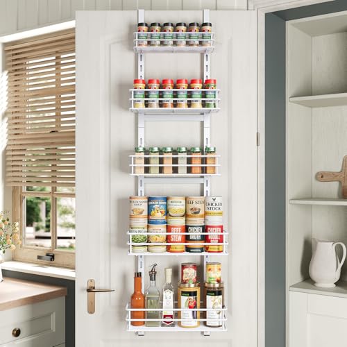 Adjustable 5-Tier Over the Door Pantry Organizer, Spice Rack, Narrow Hanging Shelf for Kitchen Storage and Organization (White) - color: White-5