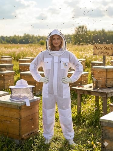Professional 3 Layer Bee Suit with Fencing and Round Veil Ventilated Sting Proof Beekeeping Protective Suit with One Pair Bee Gloves, 2 Veils (White, 4X-Large) - size: 4X-Large