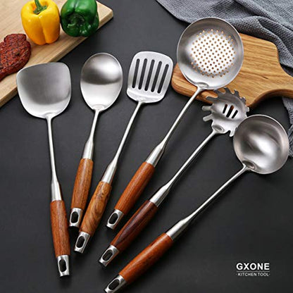 Slotted Spoon,304 Stainless Steel Skimmer Spoon with Heat Resistant Wooden Handle,Silver/15.8Inch - style: Skimmer Spoon-wood handle