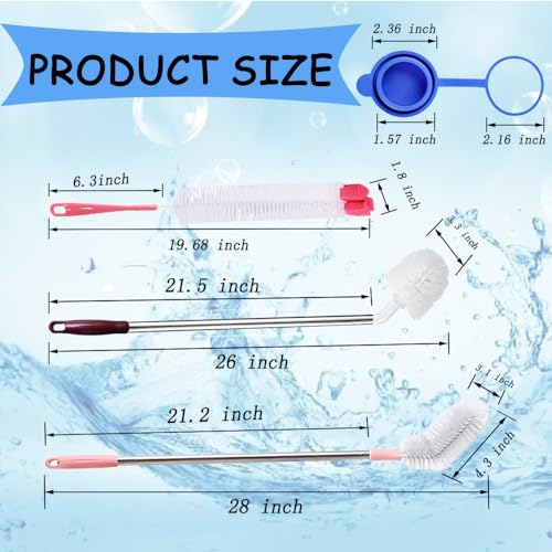 Bottle Brush, 3 Pack Long Handled Bucket Brushes with 1 Smaller Bendable Bottle Brush and 2 Water Jug Caps, Stiff Nylon Bristles, Suitable for Cleaning 1 to 5 Gallon Buckets, Glassware, Mugs