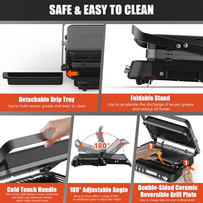 CATTLEMAN Panini Grill Press Sandwich Maker with Removable Plates, 1600W, 6 in 1 Waffle Maker & Electric Indoor Grill with Meat Thermometer, PFAS Free Ceramic Nonstick Reversible Plates, Opens Flat - color: Black with Waffle Plates