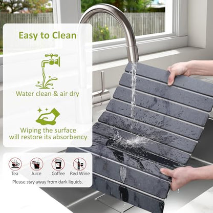 Large Stone Dish Drying Mat for Kitchen Counter, 24"(L)×16"(W), Collapsible Quick Dry Stone Dish Mats, Super Absorbent Diatomaceous Earth Drying Pad for Dishes Bottles Cups, Countertops (Marble) - color: Marble