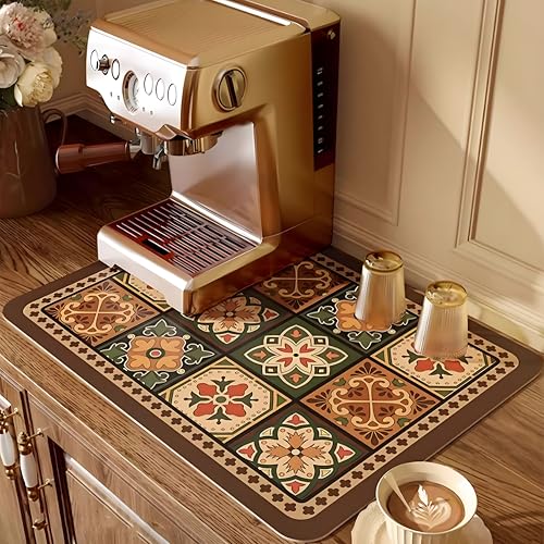 Coffee Mat, Boho Style Dish Drying Mat, Fast Water Absorption, Hide Stains, Easy to Clean, Fit Coffee Bar Accessories, Bar Mats for Countertop (16"x21", Boho Checkered) - color: Boho, size: 16" x 21"