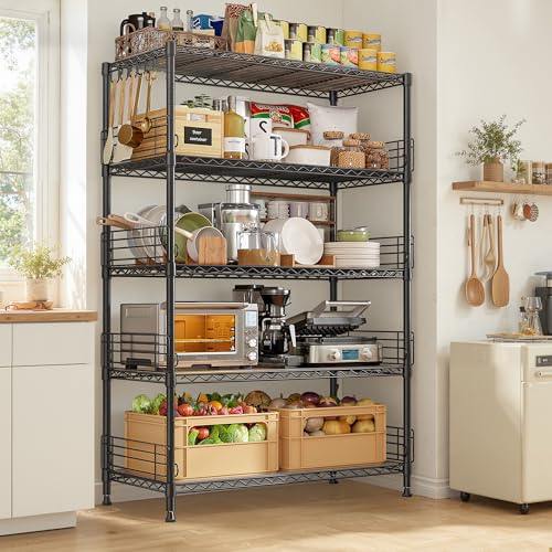 DurayLoly 5 Tier Wire Shelving Unit with Hooks and Side Blockers, 900LBS Heavy Duty Storage Shelves, Adjustable Standing Pantry Shelves for Kitchen, Closet, Workshop, 35.4" D x 15.7" W x 71.5" H - size: 35.4''Wx15.7''Dx71.5''H